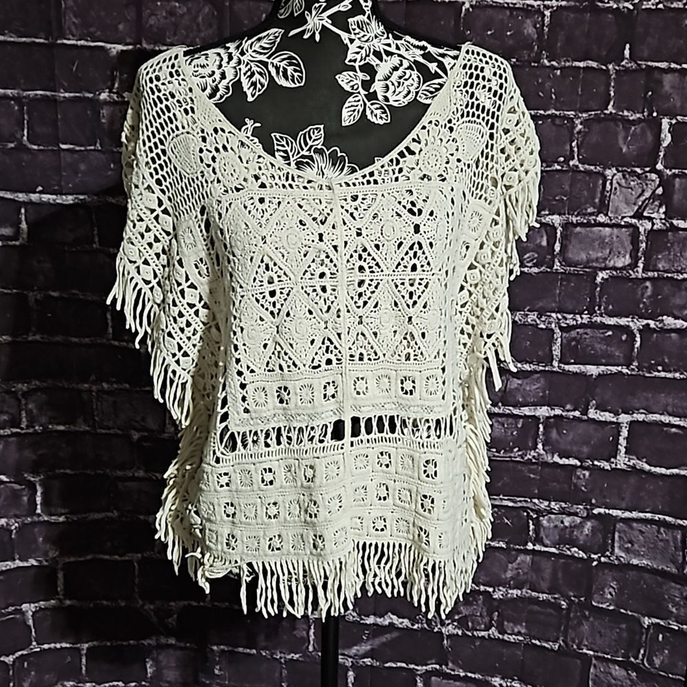 1 2 3 Brand Bohemian Crochet Layering Top with Fringe CLEARANCE